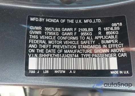 2018 Honda Civic Ex z USA, uszkodzony, nr VIN SHHFK7H51JU429744